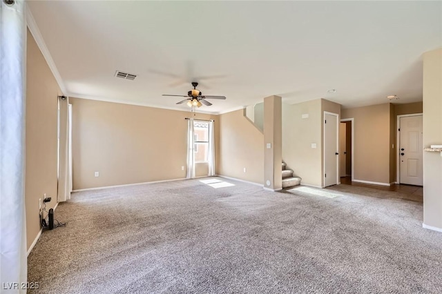 7382 Elbridge Way, Las Vegas, NV 89113 - unfurnished living room featuring ceiling fan, carpet floors, stairway, baseboards, and ornamental molding