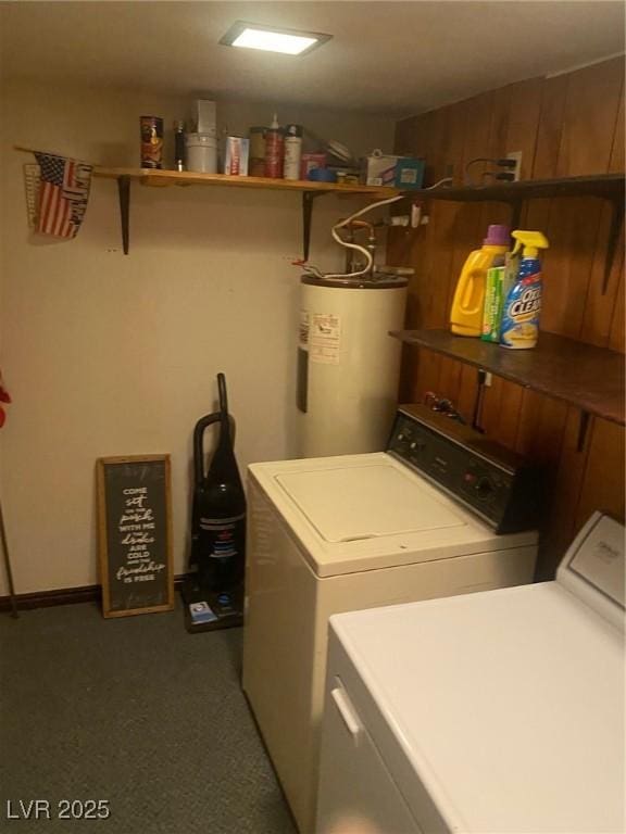 631 Mccannon St, Pioche, NV 89043 - laundry area with water heater, washer and dryer, and carpet flooring