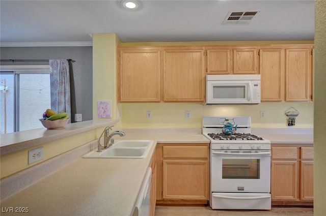 622 Quaint Acres Ave, Las Vegas, NV 89183 - kitchen with white appliances, a sink, light brown cabinetry, light countertops, and ornamental molding