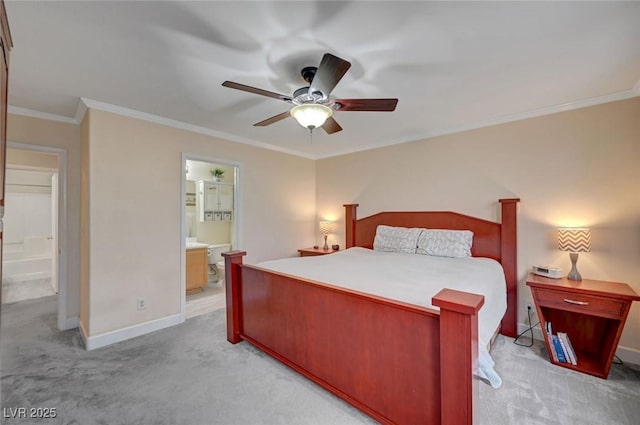 622 Quaint Acres Ave, Las Vegas, NV 89183 - bedroom featuring light carpet, ornamental molding, baseboards, connected bathroom, and a ceiling fan