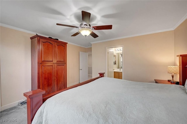 622 Quaint Acres Ave, Las Vegas, NV 89183 - bedroom with baseboards, ornamental molding, a ceiling fan, connected bathroom, and carpet