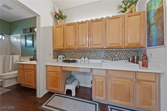 4883 Grey Mesa St, Las Vegas, NV 89149 - kitchen with a sink, light countertops, backsplash, and light brown cabinetry