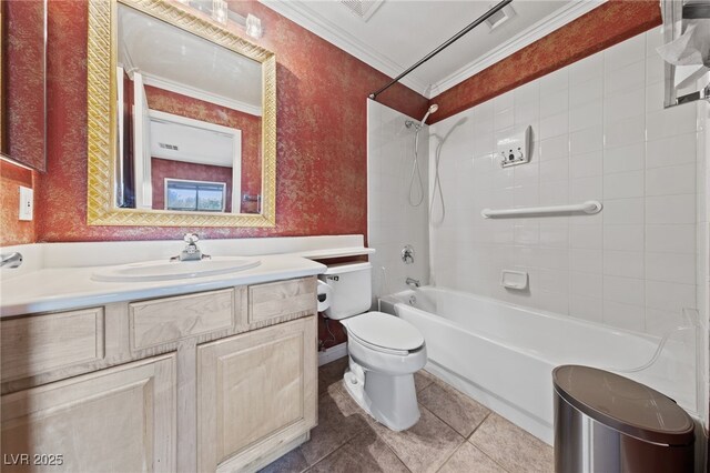 4883 Grey Mesa St, Las Vegas, NV 89149 - full bathroom with crown molding, toilet, vanity, tile patterned flooring, and bathing tub / shower combination