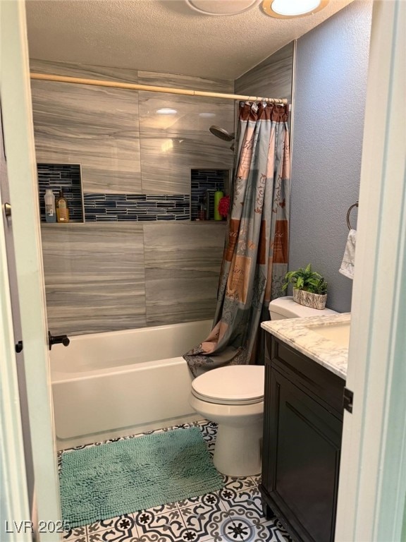 6248 Sapporo Cir, Las Vegas, NV 89110 - full bath featuring vanity, shower / bath combo, toilet, tile patterned floors, and a textured ceiling