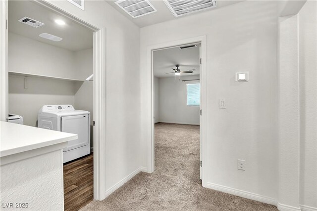 6952 Crescent Gold St, North Las Vegas, NV 89086 - washroom with light colored carpet, washing machine and clothes dryer, baseboards, and ceiling fan