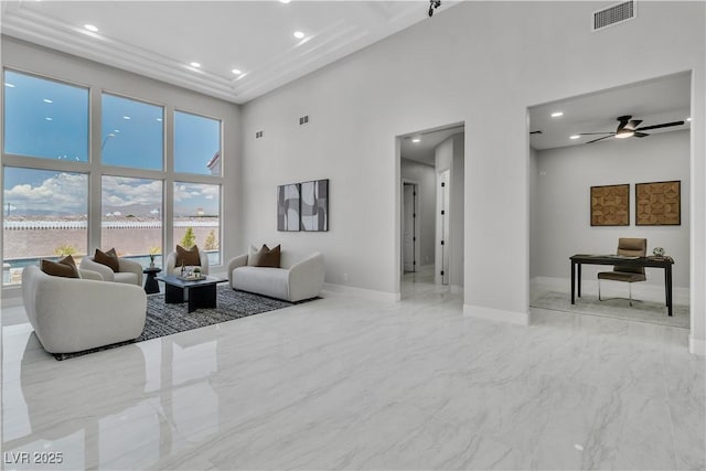 7738 Willow Cove Cir, Las Vegas, NV 89129 - living area featuring a high ceiling, marble finish floors, baseboards, recessed lighting, and a ceiling fan