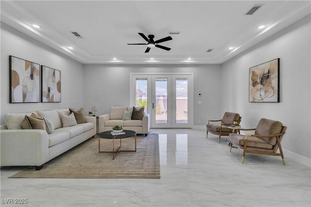 7738 Willow Cove Cir, Las Vegas, NV 89129 - living area featuring ceiling fan, recessed lighting, french doors, baseboards, and a tray ceiling