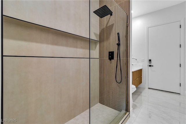 7738 Willow Cove Cir, Las Vegas, NV 89129 - full bath featuring tiled shower, marble finish floors, vanity, and toilet