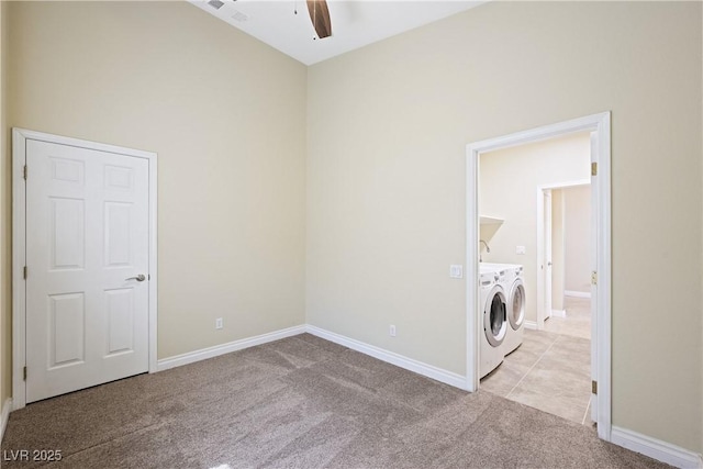 8541 Highland View Ave, Las Vegas, NV 89145 - washroom featuring washer and clothes dryer, ceiling fan, light carpet, and baseboards