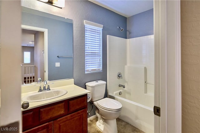 10449 Yew Blossom Ave, Las Vegas, NV 89166 - bathroom with toilet, vanity, shower / bathtub combination, tile patterned floors, and a textured wall
