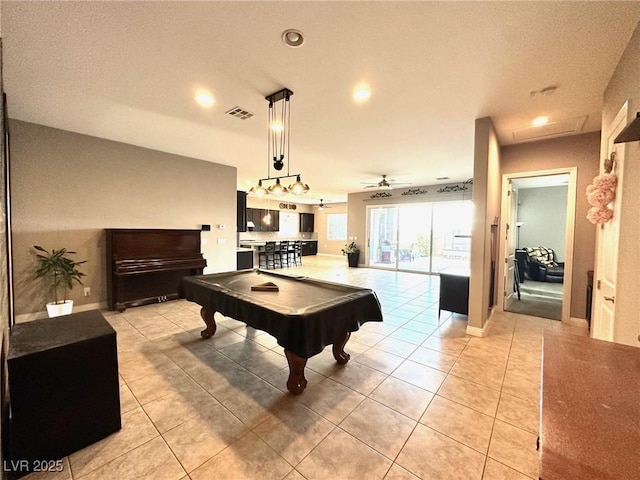 10719 Hammett Park Ave, Las Vegas, NV 89166 - game room featuring light tile patterned flooring, pool table, recessed lighting, a ceiling fan, and baseboards
