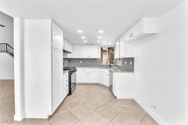 6717 Sheffield Dr, Las Vegas, NV 89108 - kitchen featuring black range with gas cooktop, under cabinet range hood, backsplash, dishwasher, and white cabinetry