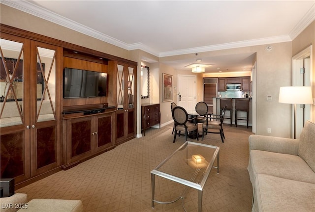 145 E Harmon Ave Unit 1120, Las Vegas, NV 89109 - living room featuring light colored carpet, baseboards, and ornamental molding