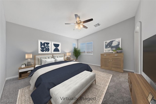 9312 Straw Hays St Unit 103, Las Vegas, NV 89178 - carpeted bedroom with vaulted ceiling, ceiling fan, and arched walkways