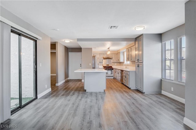 3971 Foxboro Cir, Las Vegas, NV 89121 - kitchen featuring appliances with stainless steel finishes, light countertops, baseboards, and light wood finished floors