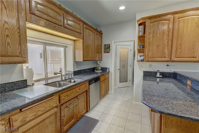 3451 Sagebrush Ave, Pahrump, NV 89048 - kitchen with dishwasher, a sink, light tile patterned floors, dark stone counters, and recessed lighting
