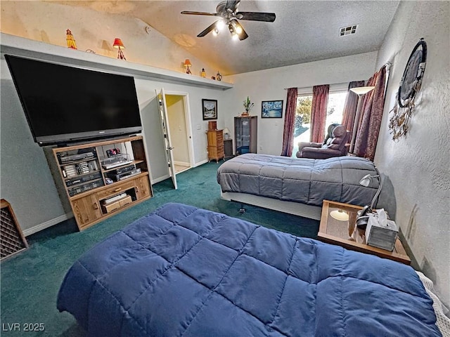3451 Sagebrush Ave, Pahrump, NV 89048 - carpeted bedroom featuring vaulted ceiling, ceiling fan, a textured wall, baseboards, and a textured ceiling