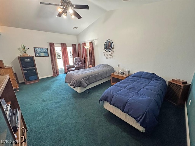 3451 Sagebrush Ave, Pahrump, NV 89048 - bedroom with carpet, vaulted ceiling, baseboards, and a ceiling fan