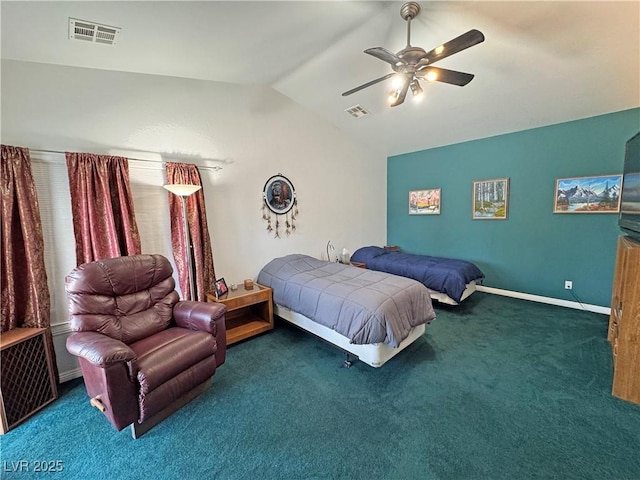3451 Sagebrush Ave, Pahrump, NV 89048 - bedroom featuring vaulted ceiling, carpet, ceiling fan, and baseboards