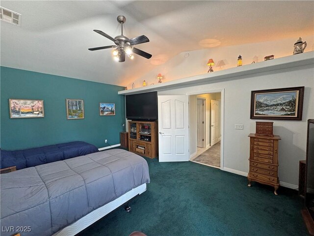 3451 Sagebrush Ave, Pahrump, NV 89048 - bedroom featuring lofted ceiling, dark colored carpet, a ceiling fan, and baseboards