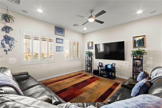 6980 W Meranto Ave, Las Vegas, NV 89178 - living area featuring ceiling fan, wood finished floors, and recessed lighting
