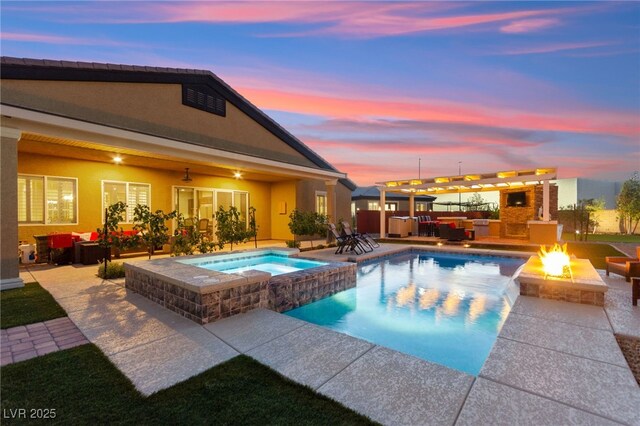 6980 W Meranto Ave, Las Vegas, NV 89178 - pool at dusk with an outdoor living space with a fire pit, a patio, a pergola, and a pool with connected hot tub