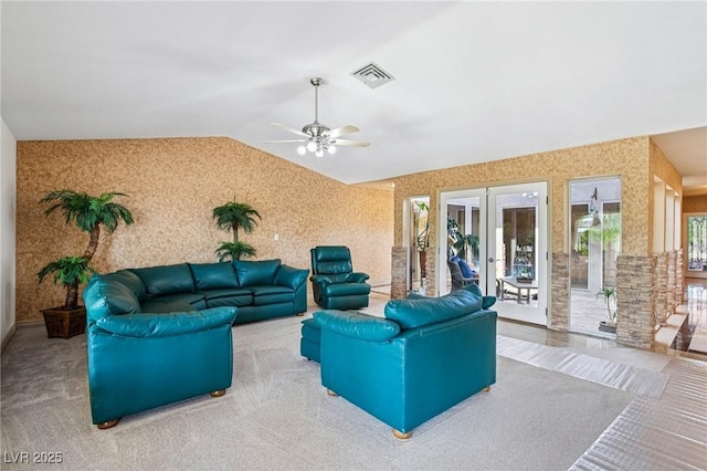 9111 W Stephen Ave, Las Vegas, NV 89149 - living room featuring lofted ceiling, a ceiling fan, french doors, and wallpapered walls