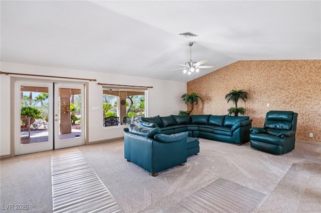 9111 W Stephen Ave, Las Vegas, NV 89149 - living room featuring carpet, healthy amount of natural light, lofted ceiling, a ceiling fan, and french doors
