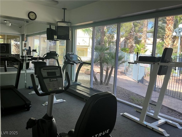 5222 Mandalay Springs Dr Unit 202, Las Vegas, NV 89120 - workout area with healthy amount of natural light and a ceiling fan