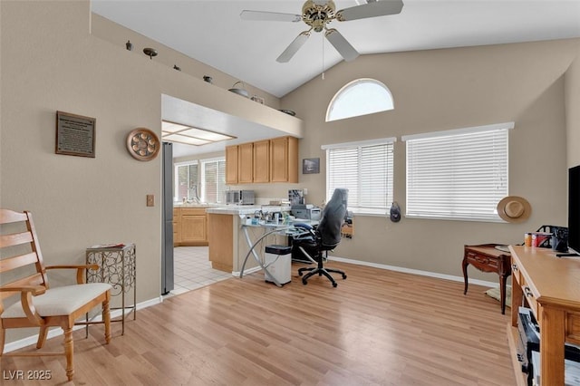 4628 Standing Bluff Way, Las Vegas, NV 89130 - office space with ceiling fan, light wood-style flooring, lofted ceiling, and baseboards