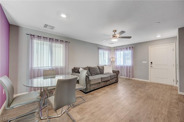 6940 Crescent Gold St, North Las Vegas, NV 89086 - dining space with ceiling fan, light wood-style flooring, baseboards, and recessed lighting