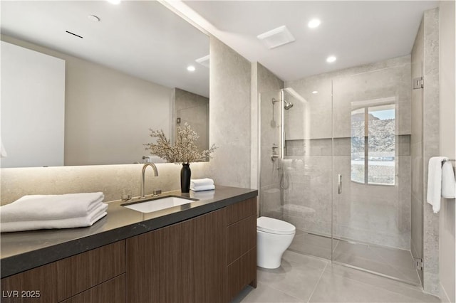 4 Horseshoe Rock Ct, Henderson, NV 89012 - bathroom with toilet, a stall shower, vanity, tile patterned floors, and recessed lighting