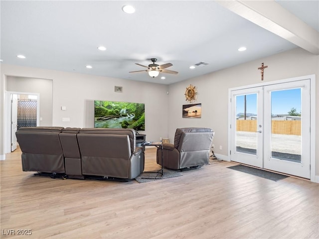 1500 E Laguna St, Pahrump, NV 89048 - living area with recessed lighting, light wood finished floors, french doors, a ceiling fan, and baseboards