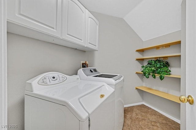 11022 Saint Rafael St, Las Vegas, NV 89141 - laundry room featuring washer and dryer, cabinet space, light tile patterned flooring, and baseboards