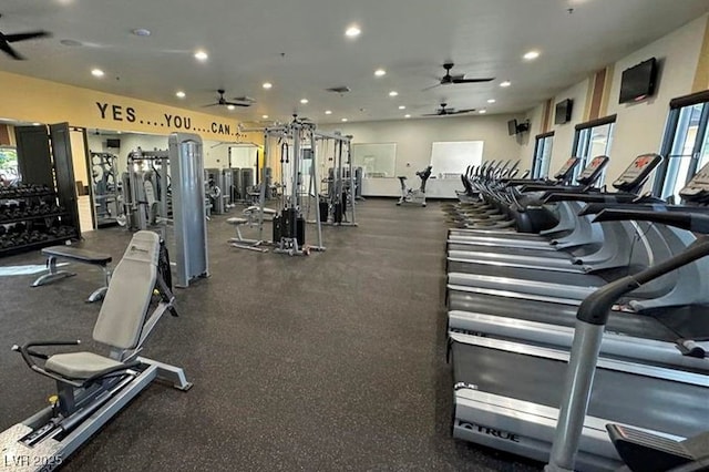 5375 E Ln Campana Dr, Pahrump, NV 89061 - exercise room featuring a ceiling fan and recessed lighting