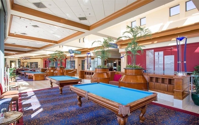 1941 Williamsport St, Henderson, NV 89052 - game room featuring billiards table, coffered ceiling, tile patterned floors, healthy amount of natural light, and beamed ceiling