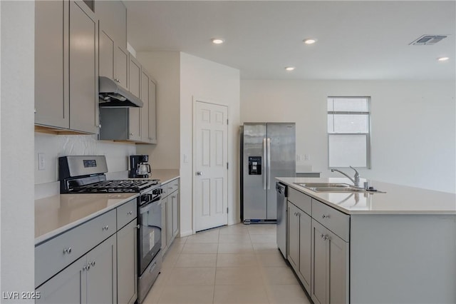 5927 Coja St, Las Vegas, NV 89113 - kitchen featuring stainless steel appliances, under cabinet range hood, a sink, gray cabinets, and light countertops