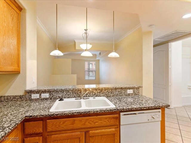 38 E Serene Ave Unit 134, Las Vegas, NV 89123 - kitchen featuring white dishwasher, a sink, ornamental molding, light tile patterned floors, and dark stone counters
