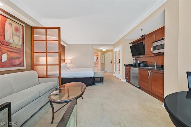 135 E Harmon Ave Unit 1403, Las Vegas, NV 89109 - living area featuring ornamental molding, light carpet, bar, and baseboards