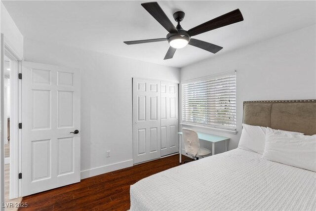 2250 Bowie Cir, Henderson, NV 89014 - bedroom with wood finished floors, baseboards, ceiling fan, and a closet