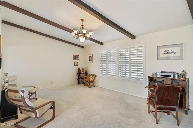 1912 Parkchester Dr, Las Vegas, NV 89108 - living area with a chandelier, beamed ceiling, carpet, and baseboards