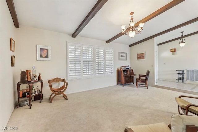 1912 Parkchester Dr, Las Vegas, NV 89108 - living area featuring beam ceiling, a chandelier, and carpet floors