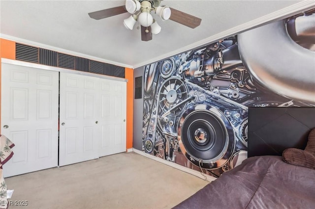 1912 Parkchester Dr, Las Vegas, NV 89108 - carpeted bedroom featuring crown molding, a closet, and a ceiling fan