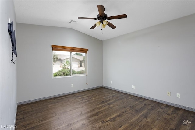 854 Santa Maria Way, Mesquite, NV 89027 - spare room featuring dark wood finished floors, vaulted ceiling, ceiling fan, and baseboards