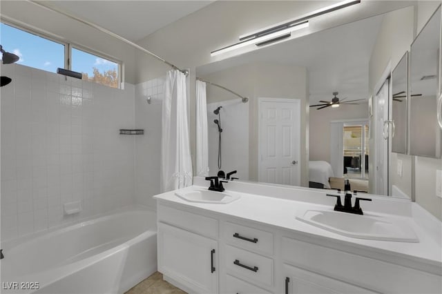 2558 Wiltshire Ave, Henderson, NV 89052 - ensuite bathroom featuring shower / bath combo with shower curtain, a ceiling fan, and double vanity