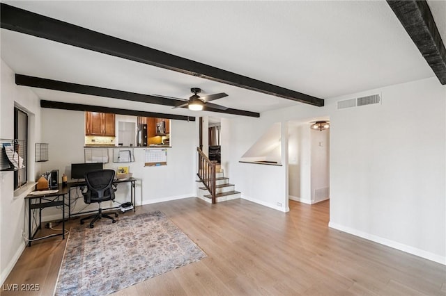 1251 Los Meadows Dr, Las Vegas, NV 89110 - office featuring wood finished floors, beamed ceiling, and a ceiling fan