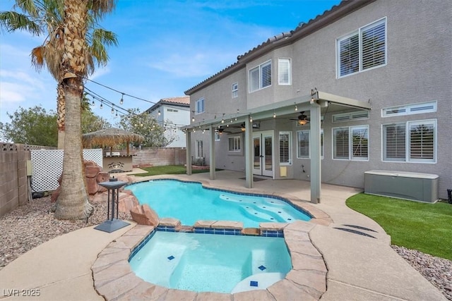 3204 Rutledge Dr, Las Vegas, NV 89120 - view of pool with a fenced backyard, a ceiling fan, a patio, french doors, and a pool with connected hot tub