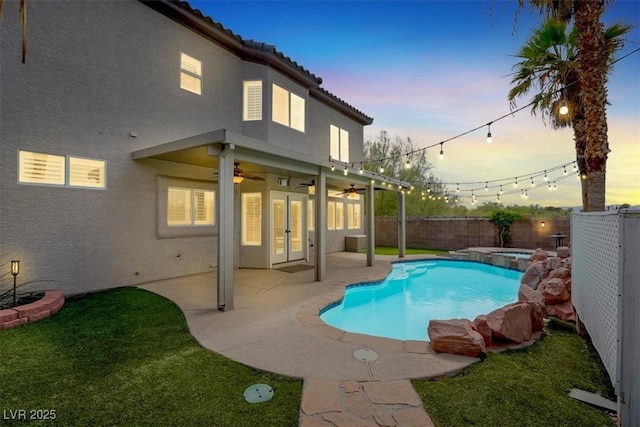 3204 Rutledge Dr, Las Vegas, NV 89120 - view of pool with a fenced backyard, ceiling fan, a patio area, and a pool with connected hot tub