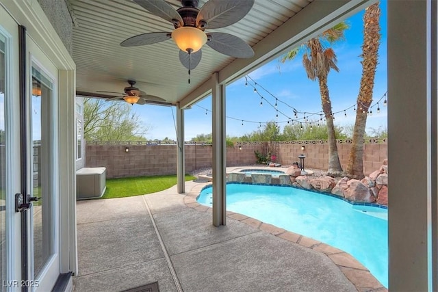 3204 Rutledge Dr, Las Vegas, NV 89120 - view of pool featuring a fenced backyard, ceiling fan, a patio, and a pool with connected hot tub