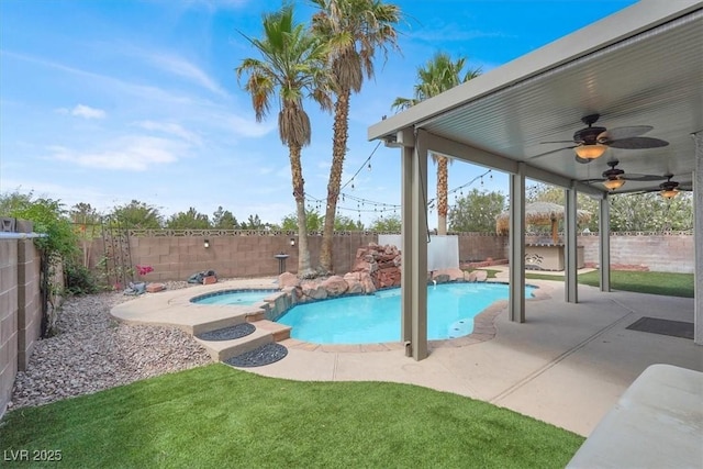 3204 Rutledge Dr, Las Vegas, NV 89120 - view of pool featuring ceiling fan, a patio area, and a pool with connected hot tub